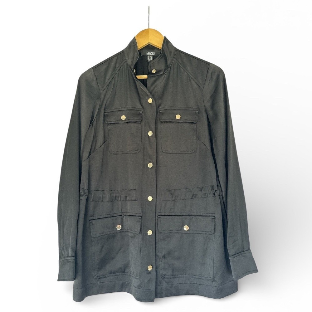 Dennis Basso Black Satin‎ Utility Jacket 2 Drawstring Travel Cargo Anorak
